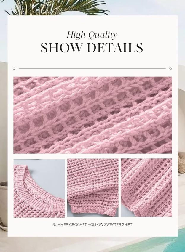 Womens Summer Scoop Neck Short Sleeve Sweater Casual Crochet Hollow Out Knit Tops Pullover Shirts Beach Coverup