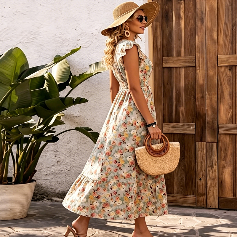 📢📢90% OFF !! ⏰Women's Floral V-Neck Smocked Waist Dress