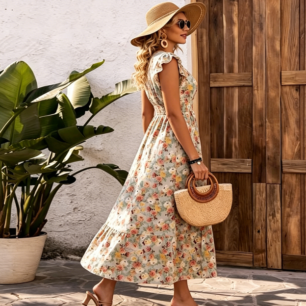 📢📢90% OFF !! ⏰Women's Floral V-Neck Smocked Waist Dress