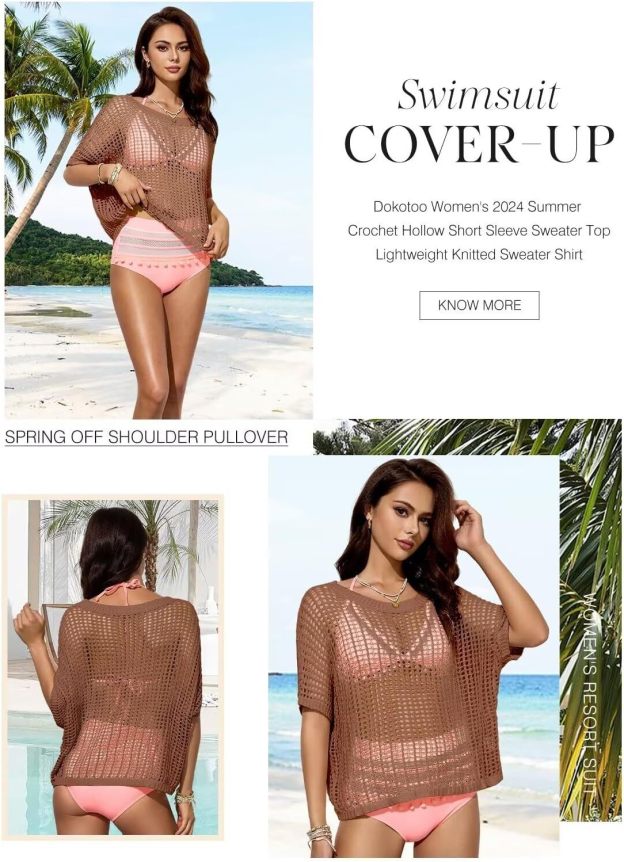 Womens Summer Scoop Neck Short Sleeve Sweater Casual Crochet Hollow Out Knit Tops Pullover Shirts Beach Coverup