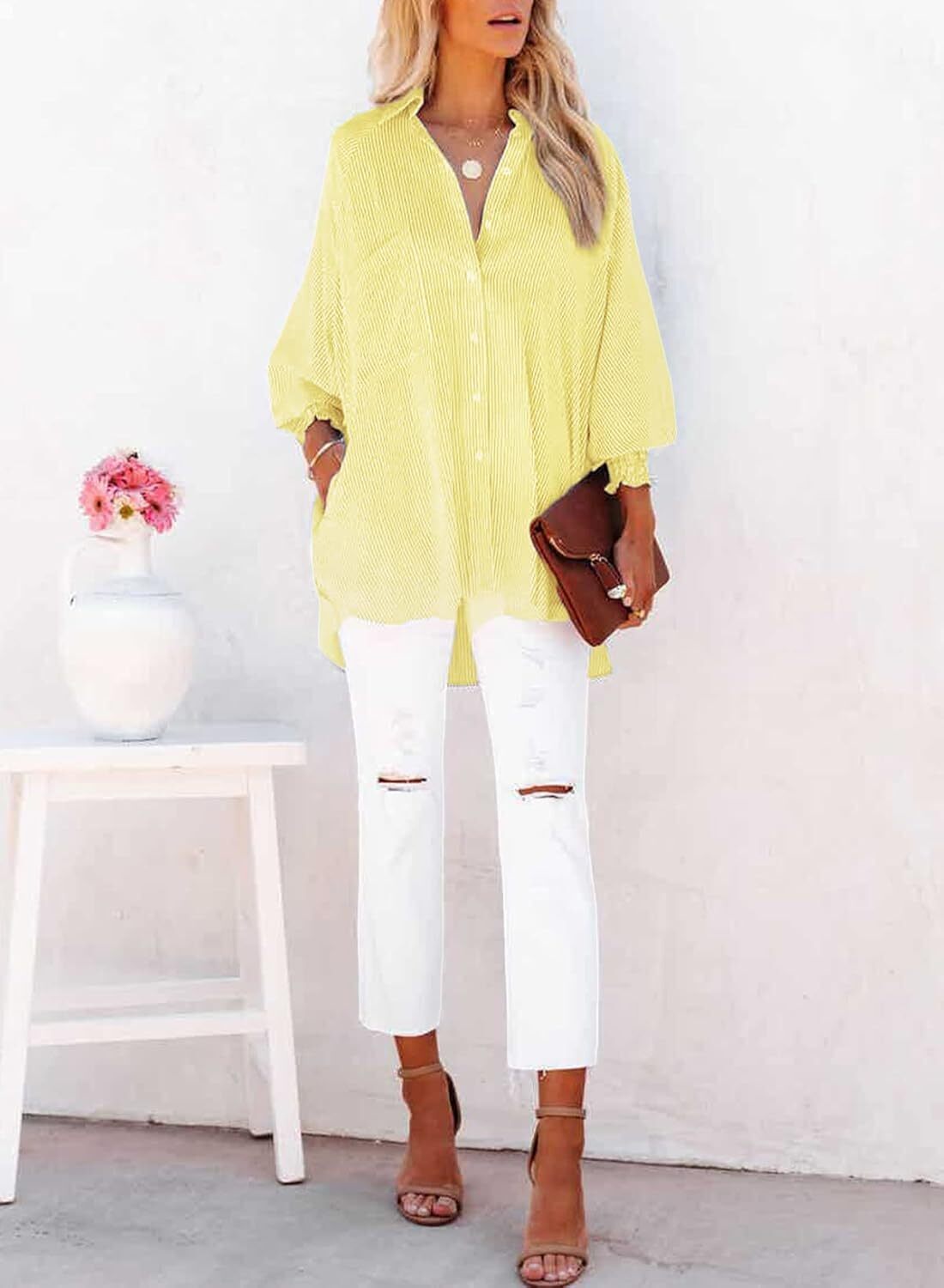 Women's Smocked Cuffed Striped Boyfriend Shirt with Pocket Casual Collar Long Sleeve Blouse Tops for Pocket Shirred