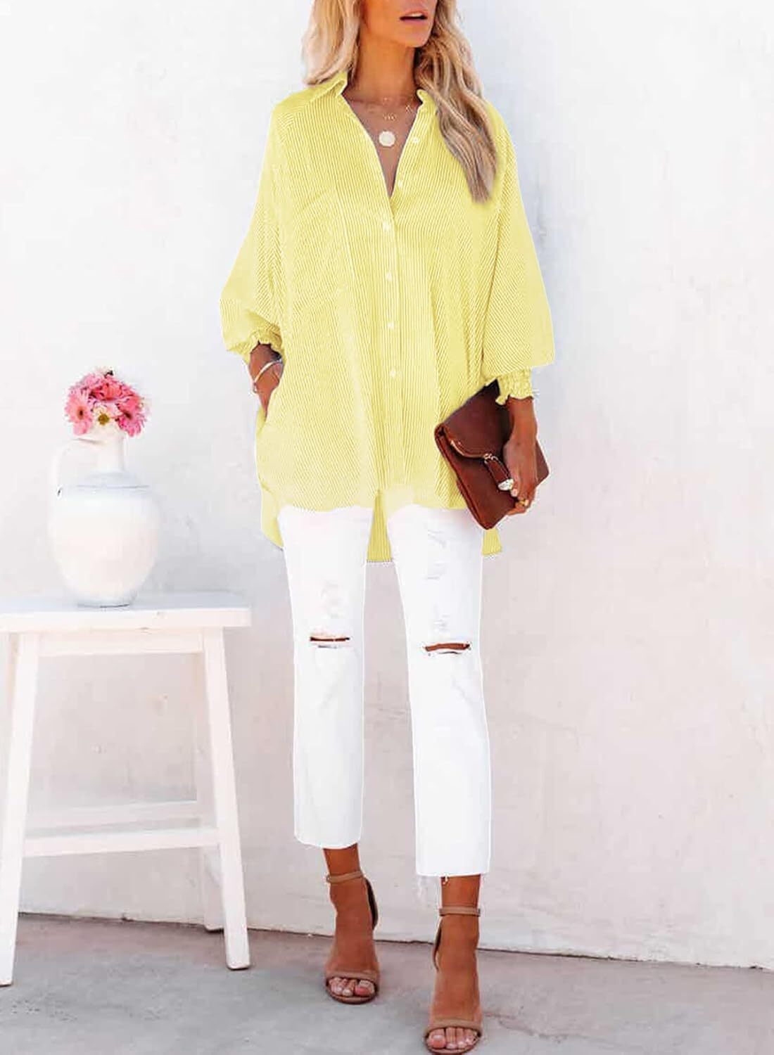 Women's Smocked Cuffed Striped Boyfriend Shirt with Pocket Casual Collar Long Sleeve Blouse Tops for Pocket Shirred