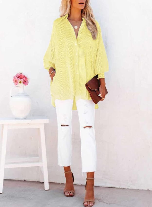 Women's Smocked Cuffed Striped Boyfriend Shirt with Pocket Casual Collar Long Sleeve Blouse Tops for Pocket Shirred