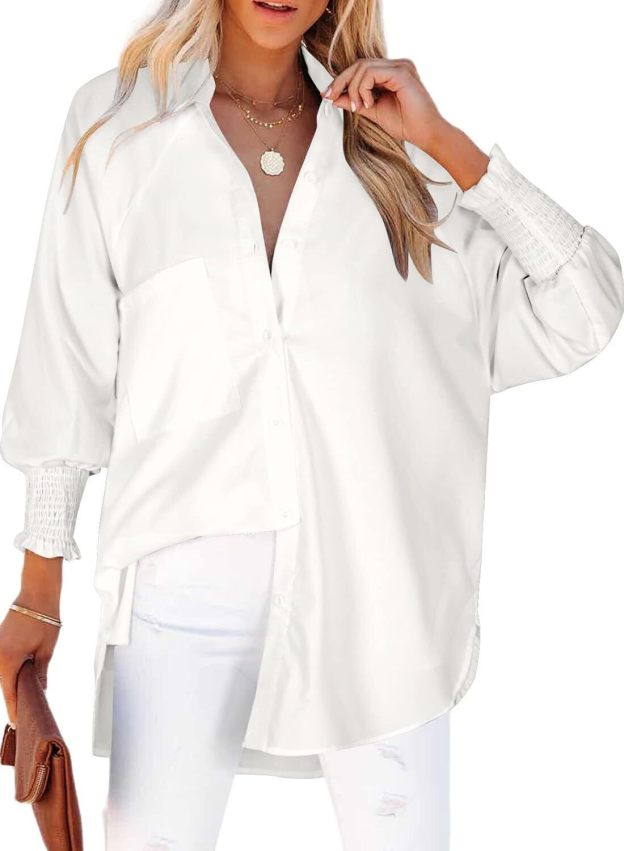 Women's Smocked Cuffed Striped Boyfriend Shirt with Pocket Casual Collar Long Sleeve Blouse Tops for Pocket Shirred