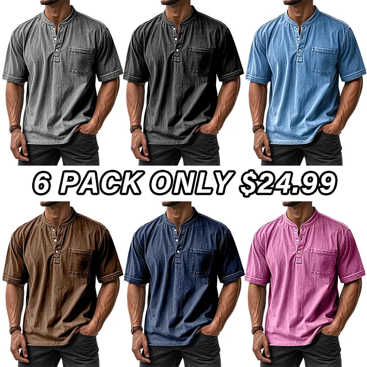 🔥Clearance Sale!🔥 Men's Casual Solid Color Vintage Loose Pocket Short Sleeve Button-down Henley Shirt