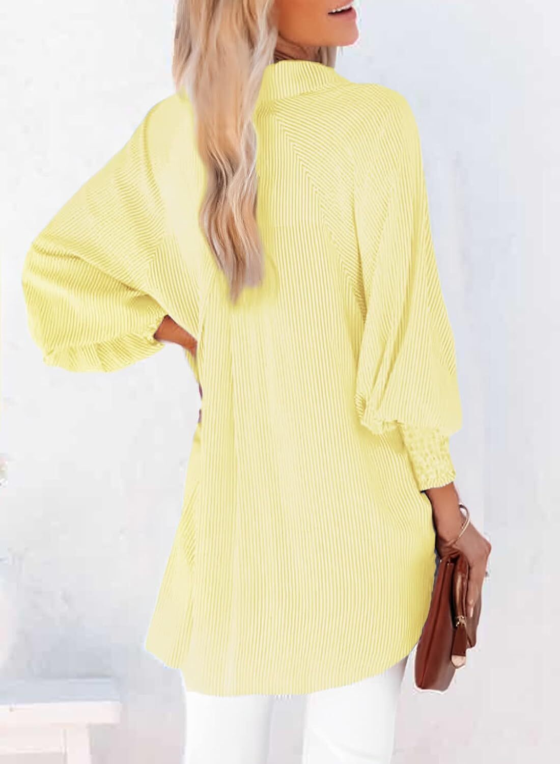 Women's Smocked Cuffed Striped Boyfriend Shirt with Pocket Casual Collar Long Sleeve Blouse Tops for Pocket Shirred