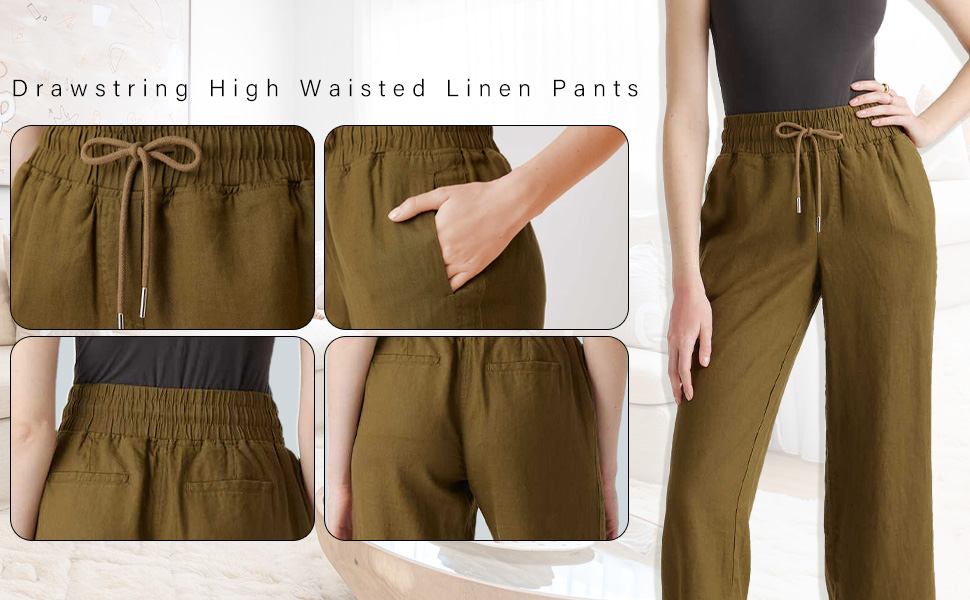 Pantalones palazzo de lino y algodón suelto con cordón en la cintura de pierna ancha
