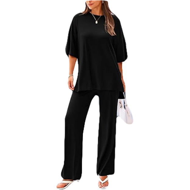 Womens 2 Piece Outfits 2025 Summer Casual Loose Short Sleeve Pullover Tops & Wide Leg Pants Lounge Sets Tracksuit