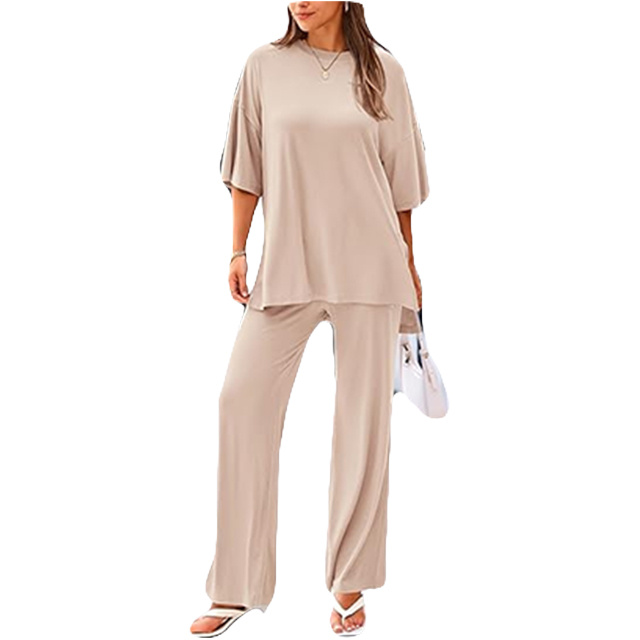 Womens 2 Piece Outfits 2025 Summer Casual Loose Short Sleeve Pullover Tops & Wide Leg Pants Lounge Sets Tracksuit