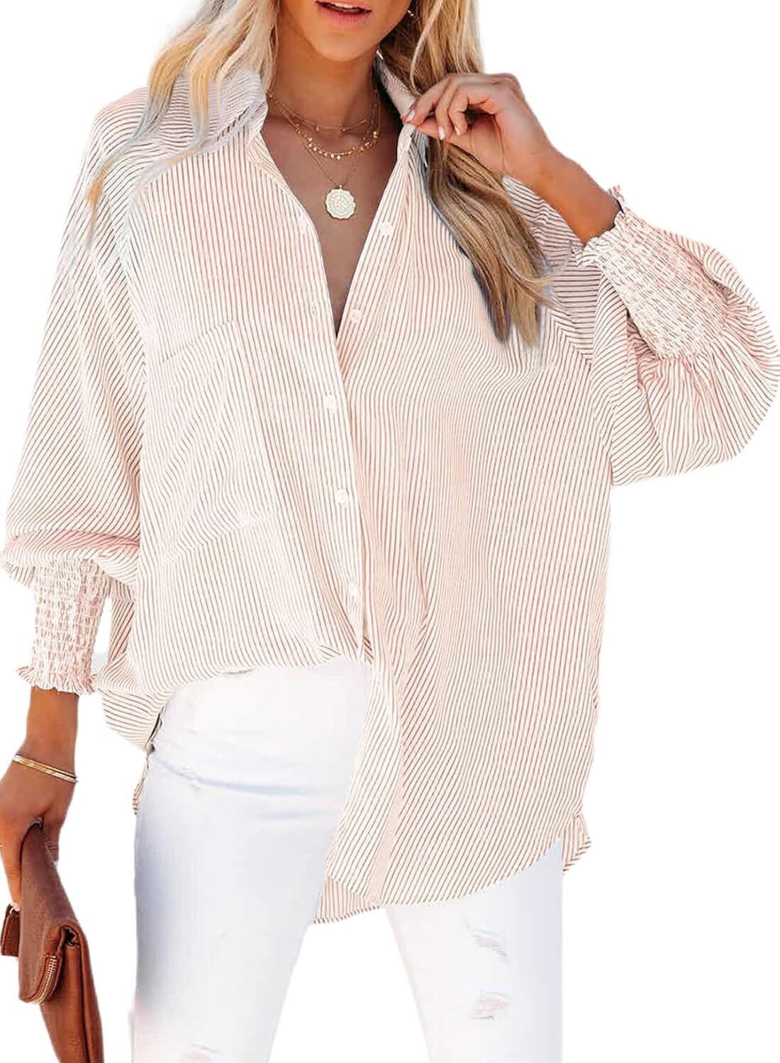 Women's Smocked Cuffed Striped Boyfriend Shirt with Pocket Casual Collar Long Sleeve Blouse Tops for Pocket Shirred