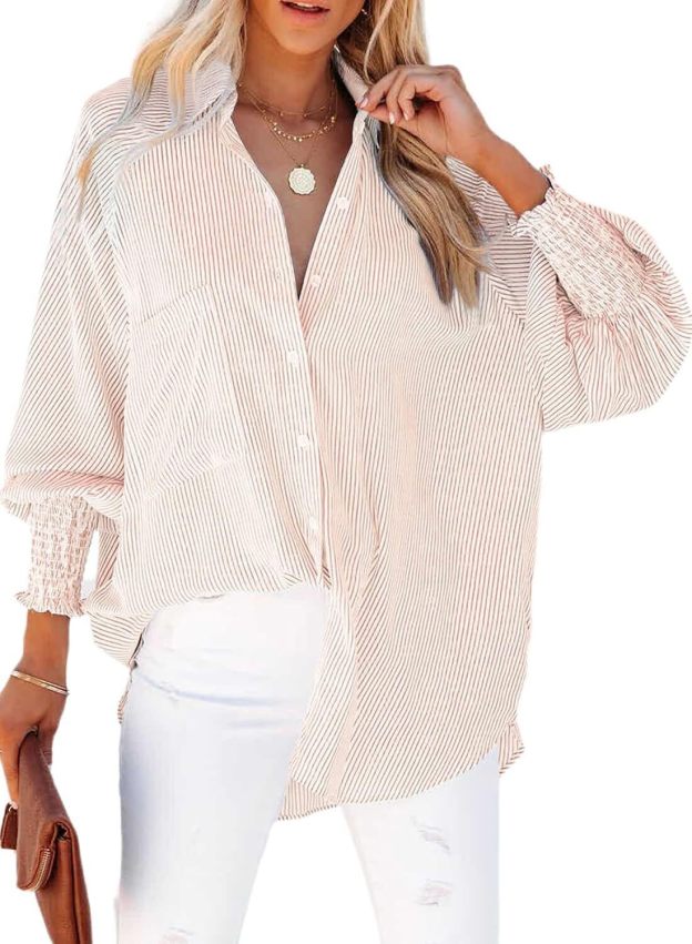 Women's Smocked Cuffed Striped Boyfriend Shirt with Pocket Casual Collar Long Sleeve Blouse Tops for Pocket Shirred