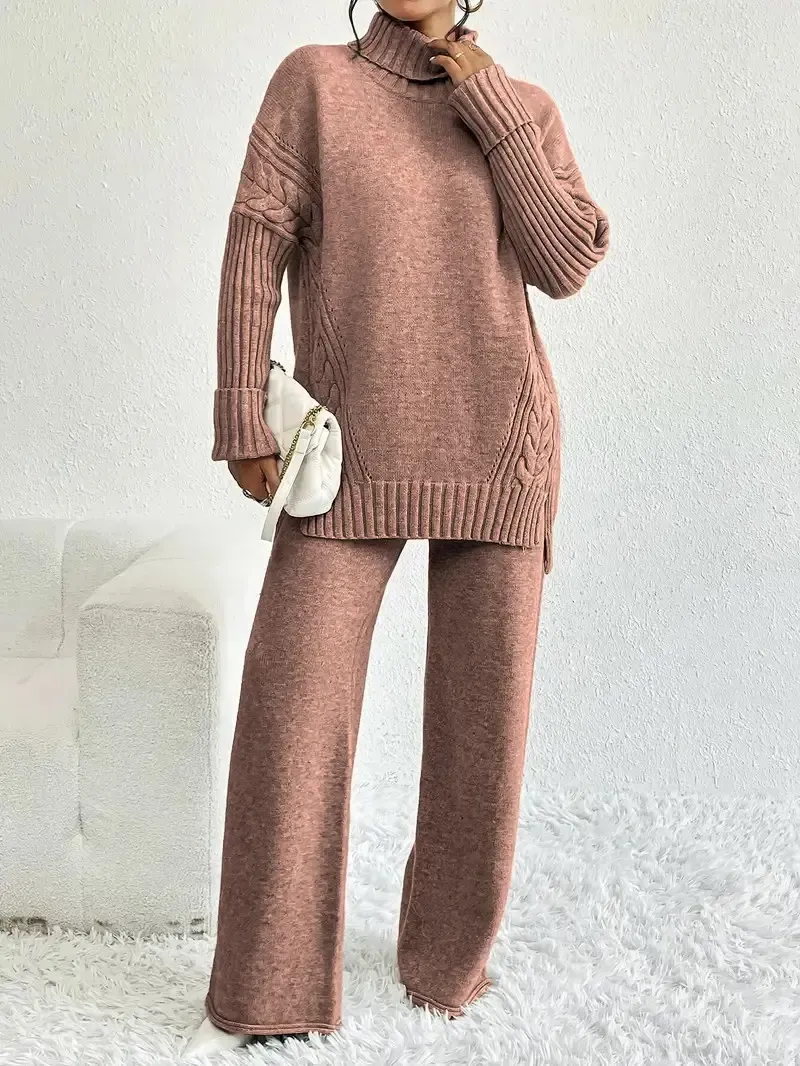 Two-Piece Set Women's Textured Split High Low Hem Sweater & Wide Leg Knitting Pants