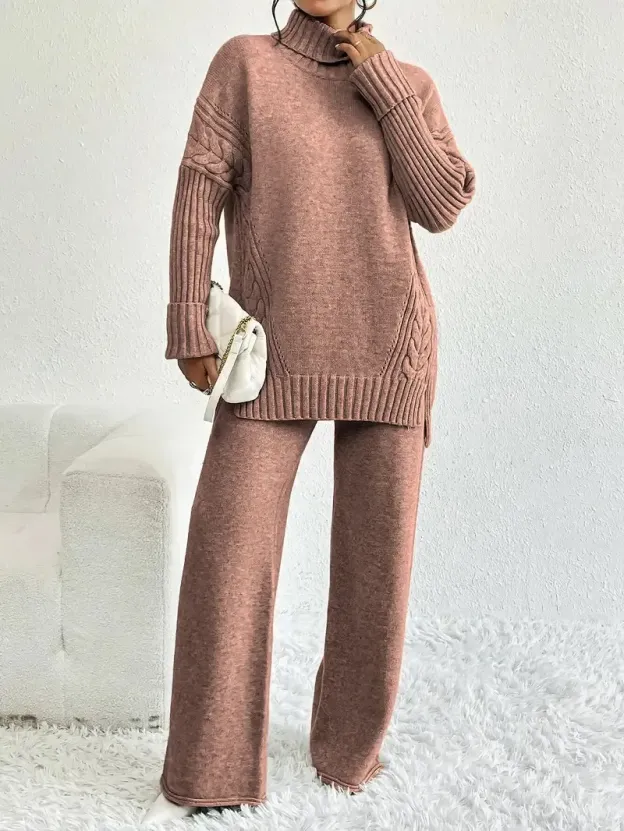 Two-Piece Set Women's Textured Split High Low Hem Sweater & Wide Leg Knitting Pants