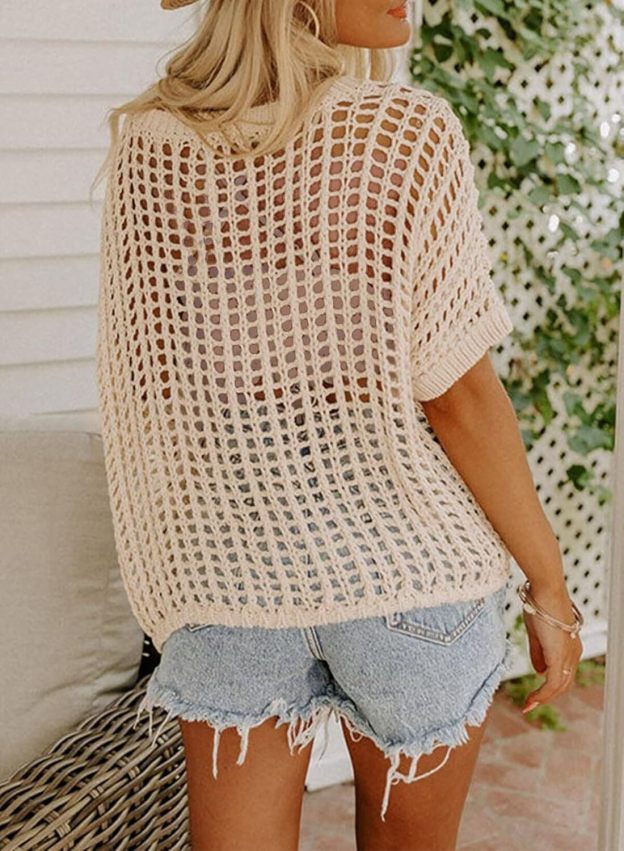 Womens Summer Scoop Neck Short Sleeve Sweater Casual Crochet Hollow Out Knit Tops Pullover Shirts Beach Coverup