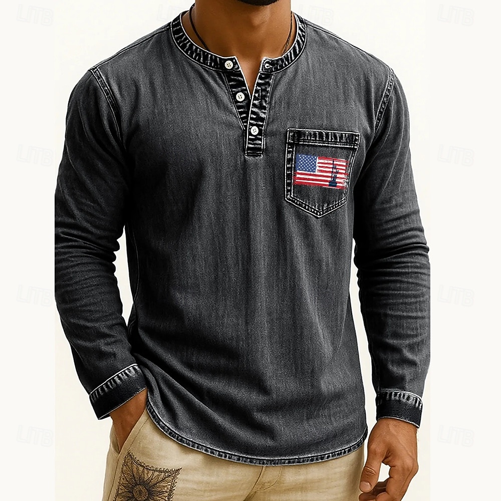 Men's Henley Shirt Tee Tee Top Long Sleeve Shirt Long Sleeve Henley Fall Winter Flag Retro Fashion Designer Fashion Vintage Vacation Street Going out Dark Brown Navy Black Top Tee for Men 2025 - $35.99 –P9