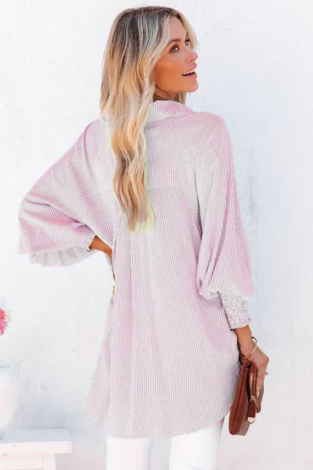 Women's Smocked Cuffed Striped Boyfriend Shirt with Pocket Casual Collar Long Sleeve Blouse Tops for Pocket Shirred