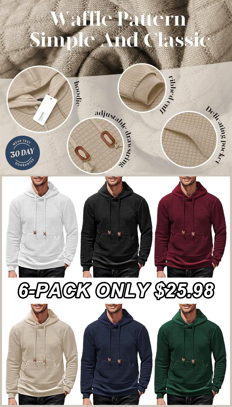 Premium-Mens Waffle Knit Pullover Hoodie | Long Sleeve Soft Comfortable Sweatshirt with Pocket