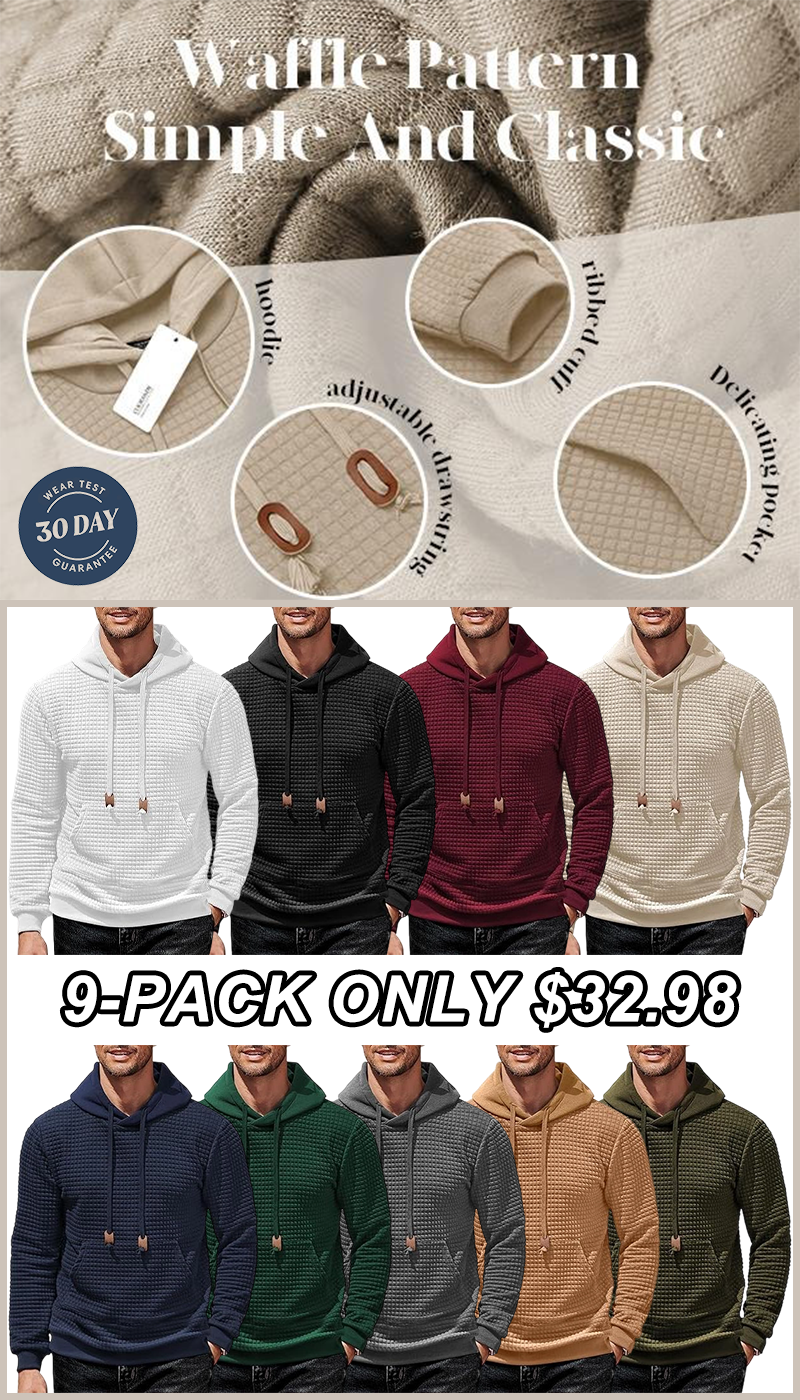 Premium-Mens Waffle Knit Pullover Hoodie | Long Sleeve Soft Comfortable Sweatshirt with Pocket