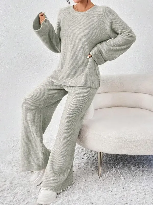 Women's Oversize Raglan Sleeve Split Sweater & Elastic Waist Pants Set, Basic Round Neck Top & Pants Sweater Set, Women's Autumn & Winter Clothing for Daily Wear.