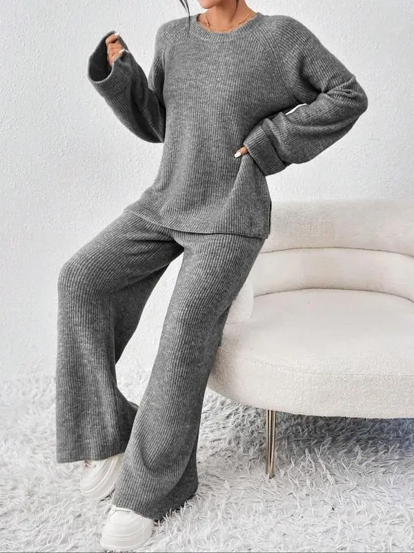 Women's Oversize Raglan Sleeve Split Sweater & Elastic Waist Pants Set, Basic Round Neck Top & Pants Sweater Set, Women's Autumn & Winter Clothing for Daily Wear.