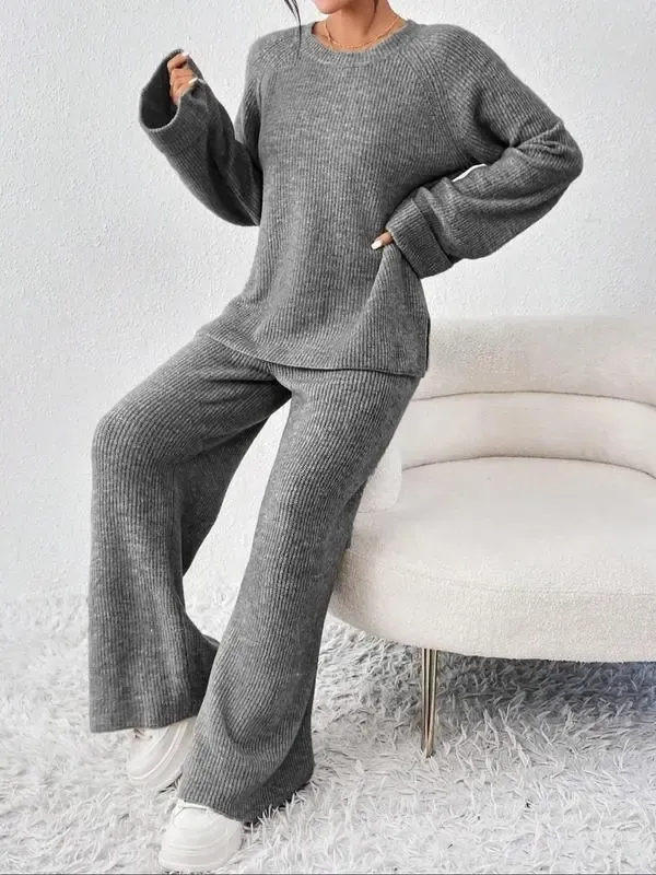 Women's Oversize Raglan Sleeve Split Sweater & Elastic Waist Pants Set, Basic Round Neck Top & Pants Sweater Set, Women's Autumn & Winter Clothing for Daily Wear.