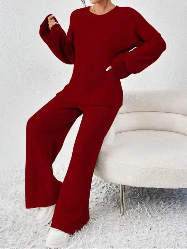 Women's Oversize Raglan Sleeve Split Sweater & Elastic Waist Pants Set, Basic Round Neck Top & Pants Sweater Set, Women's Autumn & Winter Clothing for Daily Wear.