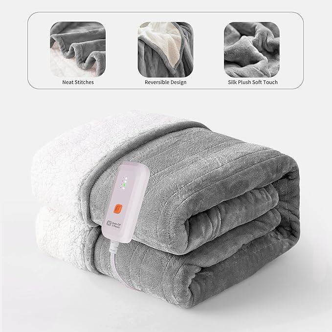 Electric Heated Wearable Blanket - Flannel & Sherpa,  6 Heating Levels & Timer, Wearable with Built-in Foot Pockets & Sleeves