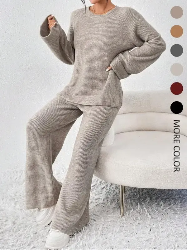 Women's Oversize Raglan Sleeve Split Sweater & Elastic Waist Pants Set, Basic Round Neck Top & Pants Sweater Set, Women's Autumn & Winter Clothing for Daily Wear.