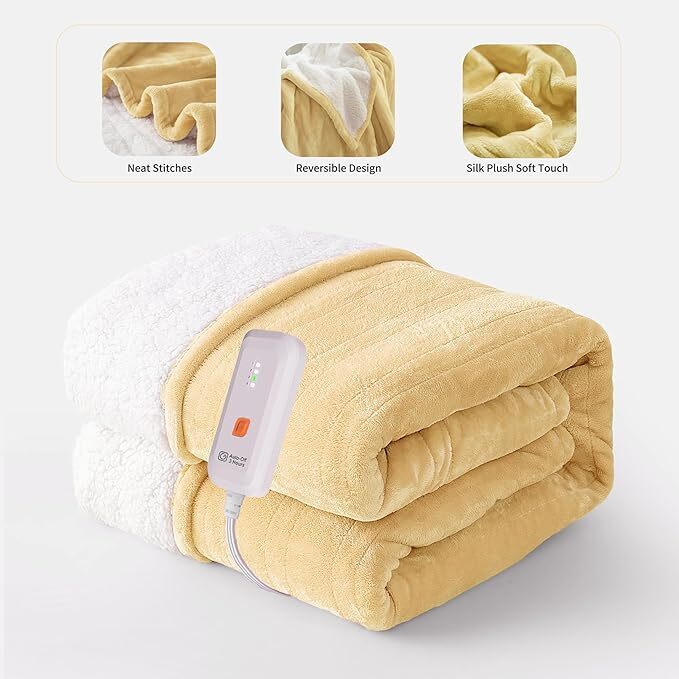 Electric Heated Wearable Blanket - Flannel & Sherpa,  6 Heating Levels & Timer, Wearable with Built-in Foot Pockets & Sleeves