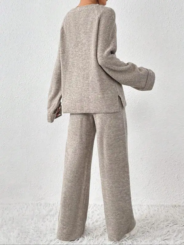 Women's Oversize Raglan Sleeve Split Sweater & Elastic Waist Pants Set, Basic Round Neck Top & Pants Sweater Set, Women's Autumn & Winter Clothing for Daily Wear.