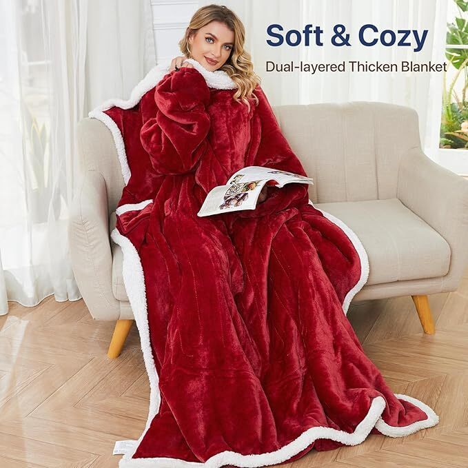 Electric Heated Wearable Blanket - Flannel & Sherpa,  6 Heating Levels & Timer, Wearable with Built-in Foot Pockets & Sleeves