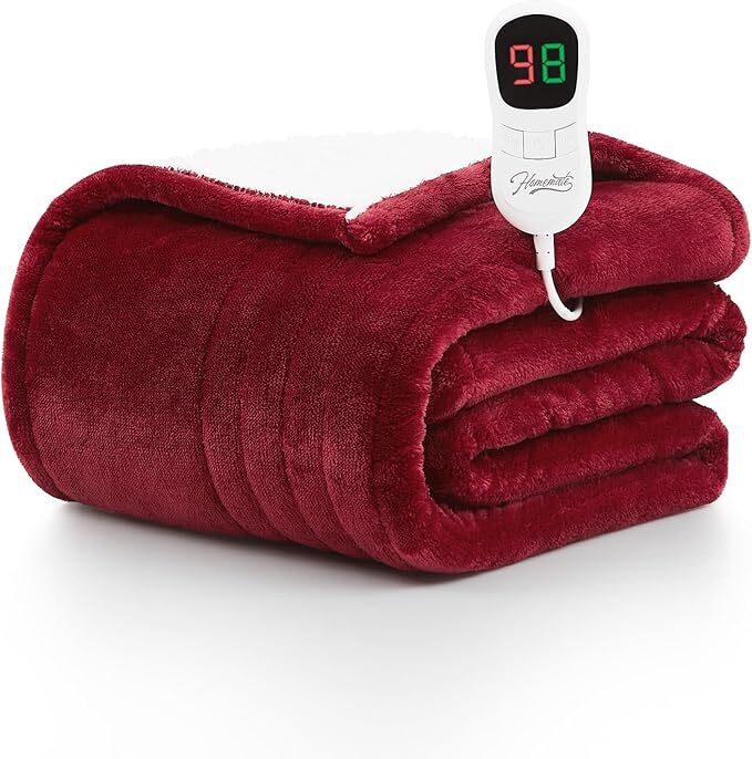Electric Heated Wearable Blanket - Flannel & Sherpa,  6 Heating Levels & Timer, Wearable with Built-in Foot Pockets & Sleeves