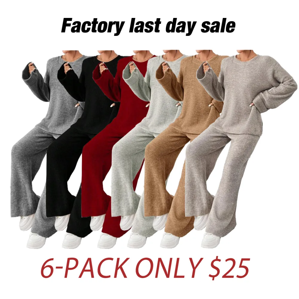 Women's Oversize Raglan Sleeve Split Sweater & Elastic Waist Pants Set, Basic Round Neck Top & Pants Sweater Set, Women's Autumn & Winter Clothing for Daily Wear.