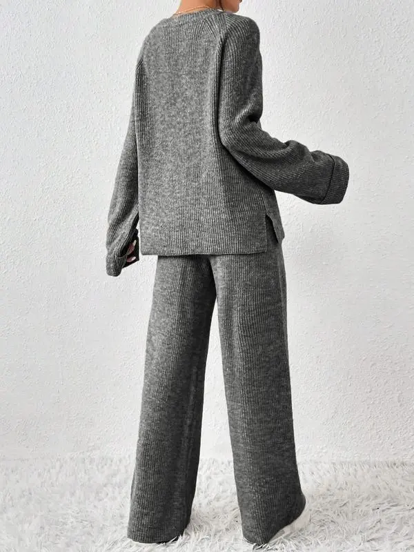 Women's Oversize Raglan Sleeve Split Sweater & Elastic Waist Pants Set, Basic Round Neck Top & Pants Sweater Set, Women's Autumn & Winter Clothing for Daily Wear.
