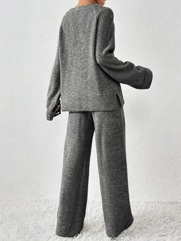 Women's Oversize Raglan Sleeve Split Sweater & Elastic Waist Pants Set, Basic Round Neck Top & Pants Sweater Set, Women's Autumn & Winter Clothing for Daily Wear.