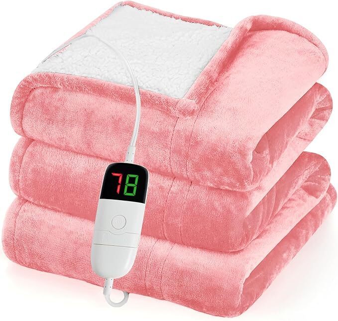 Electric Heated Wearable Blanket - Flannel & Sherpa,  6 Heating Levels & Timer, Wearable with Built-in Foot Pockets & Sleeves