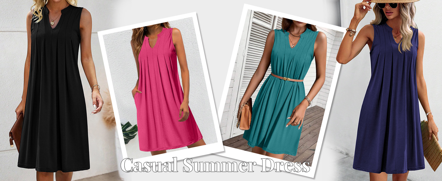 women loose a line dress v neck pleated dress women summer shift dress sleeveless t-shirts dress 