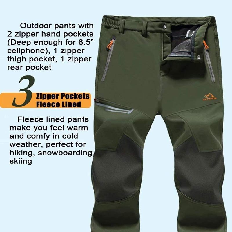 Men's Winter Pants Fleece Lined Ski Snow Pants Water Resistant 4 Zip Pockets Outdoor Pants