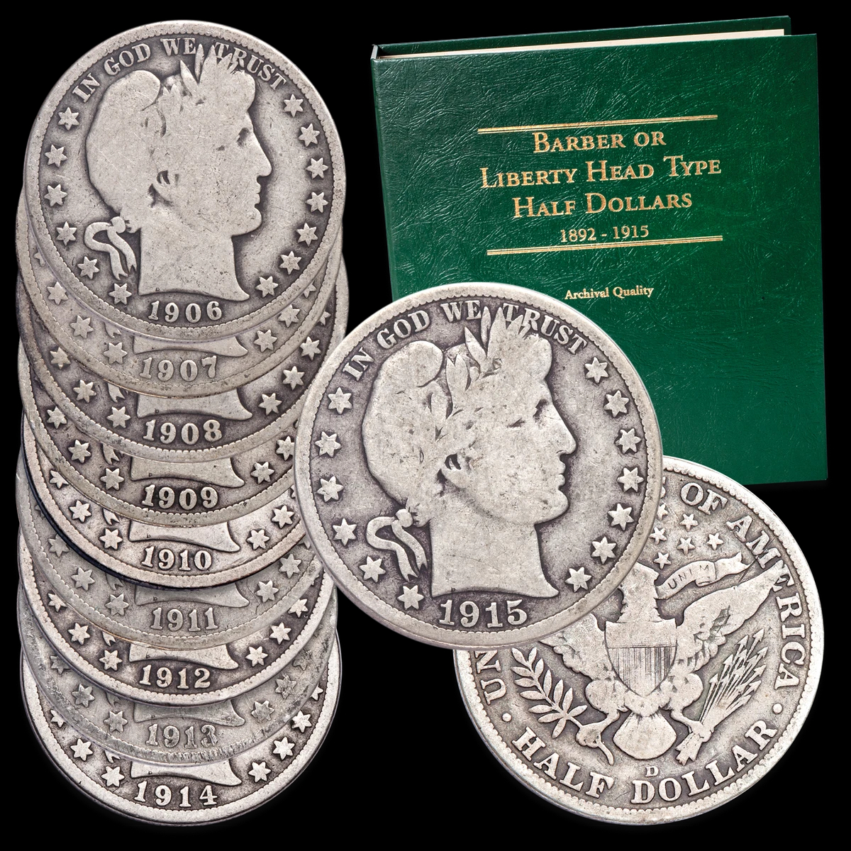 1906-1915 Barber Half Dollar Set (10PCS) VG 90% Silver