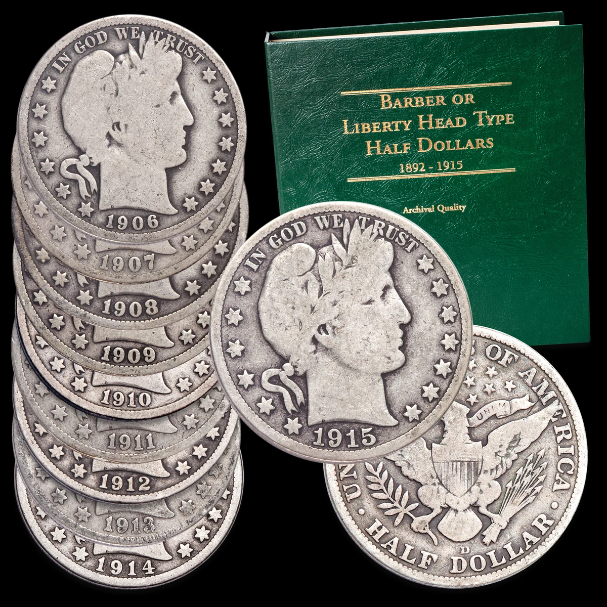 1906-1915 Barber Half Dollar Set (10PCS) VG 90% Silver