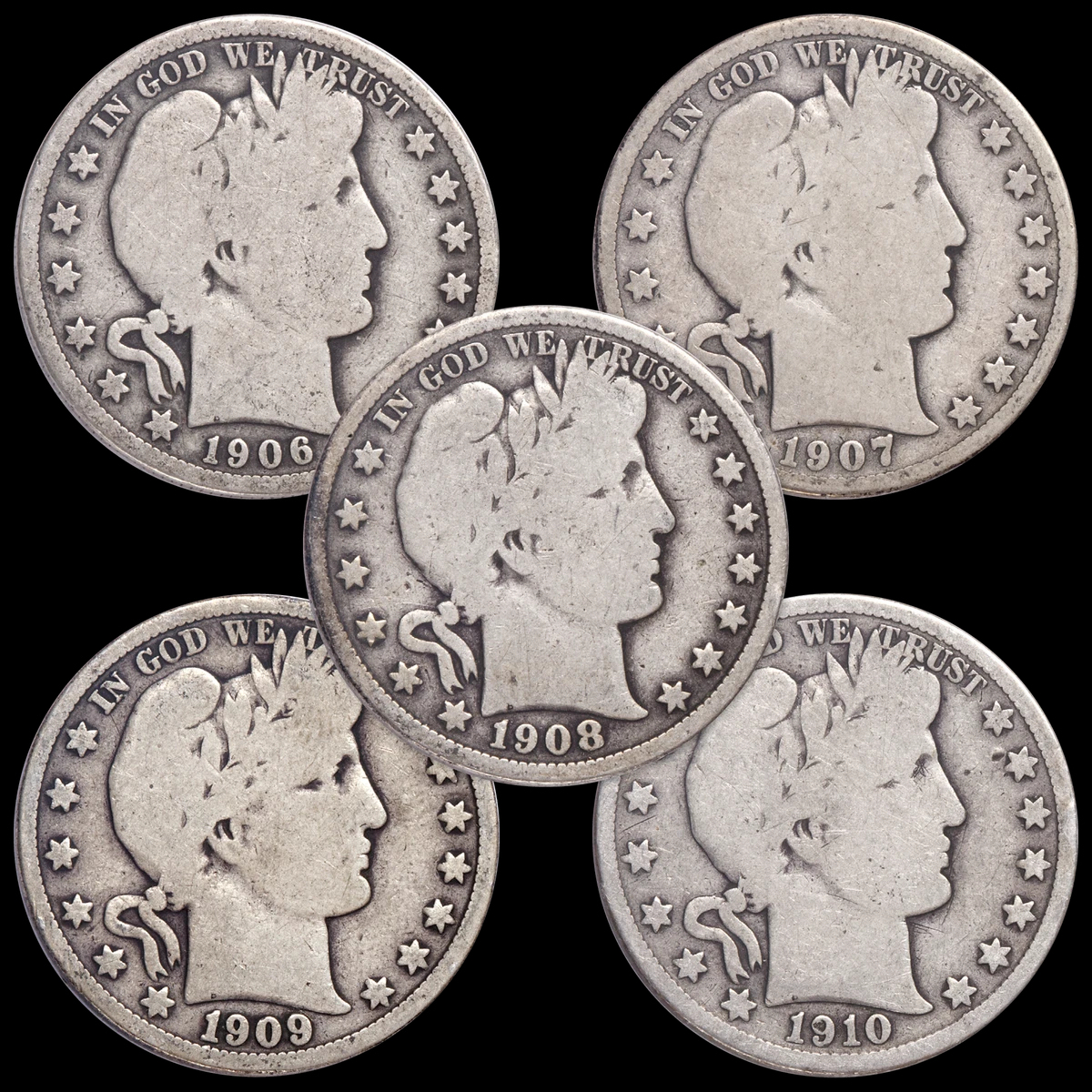1906-1915 Barber Half Dollar Set (10PCS) VG 90% Silver