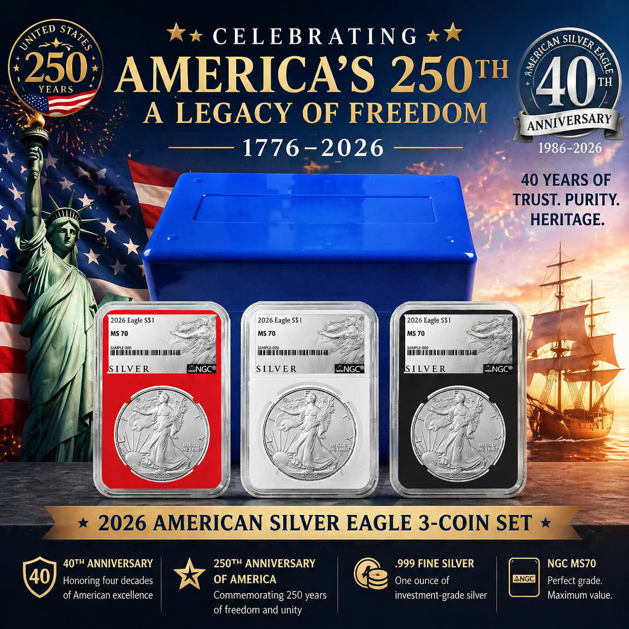 2026 $1 American Silver Eagle 3pc Set ALS Label Red White Black