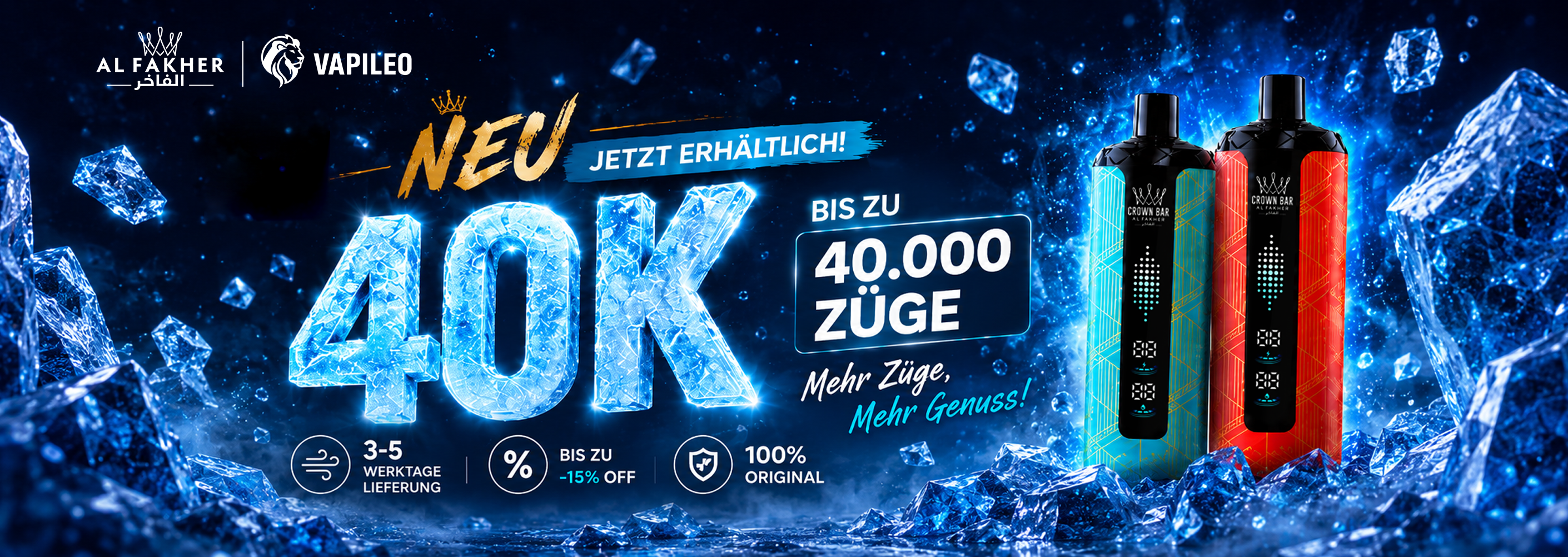 Al Fakher Crown Bar 40K Mega Max Banner mit Smart Display, bis zu 40.000 Zügen und Lieferung in 3–5 Werktagen