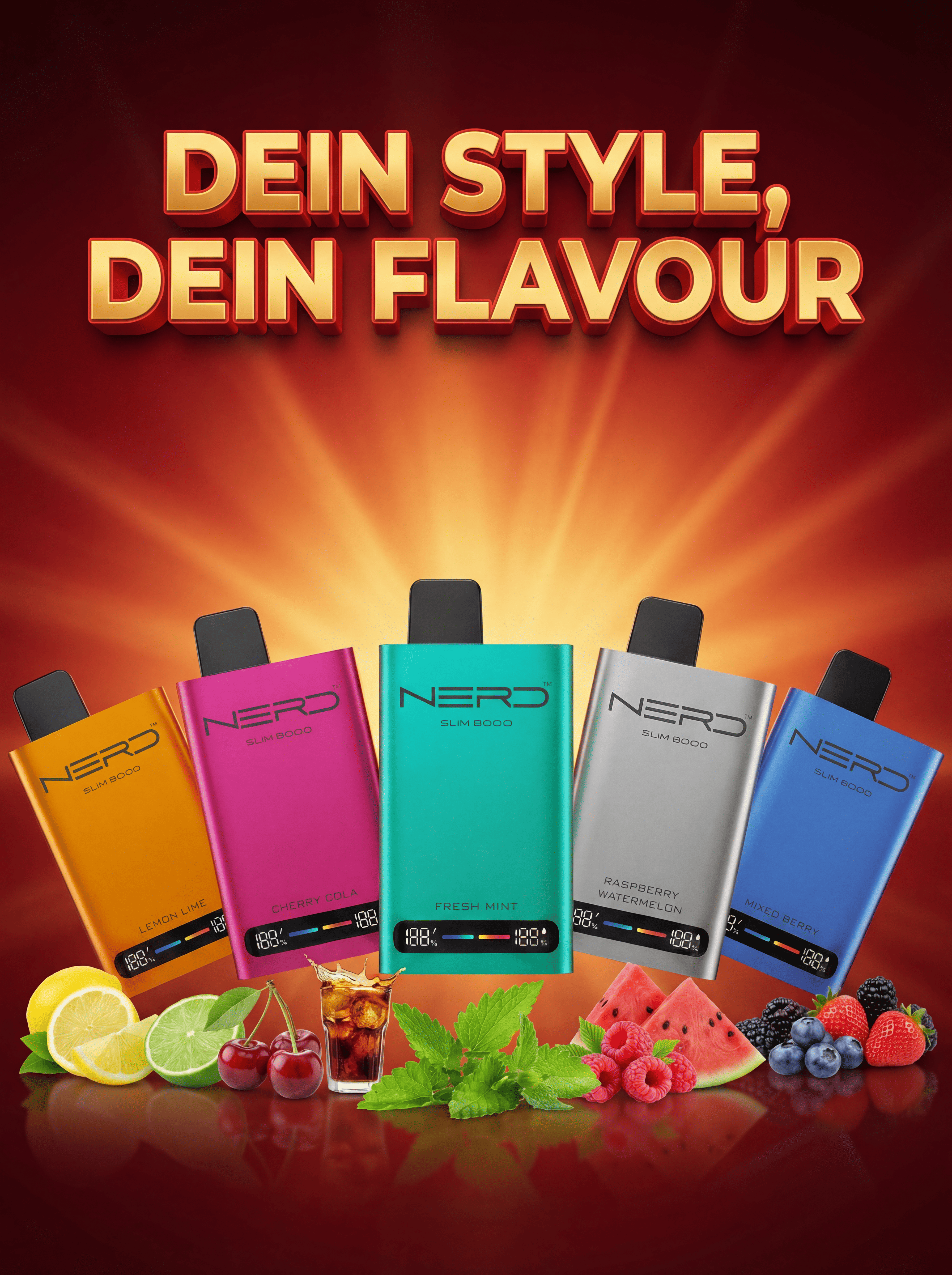 Lemon Lime, Cherry Cola, Fresh Mint, Raspberry Watermelon, Mixed Berry