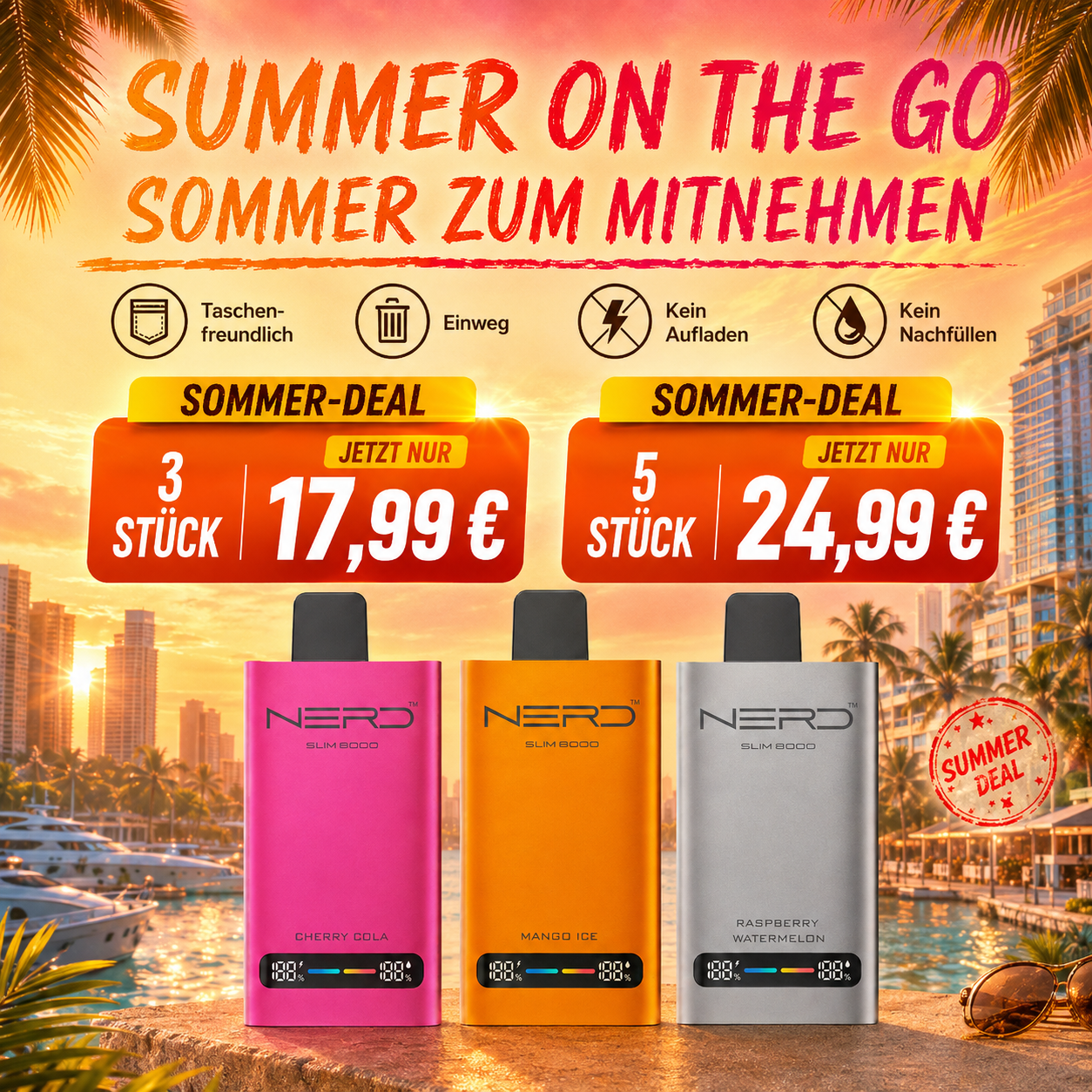 NERD Slim 8000 Vape für unterwegs – kompakte Einweg-E-Zigarette mit bis zu 8000 Zügen, Sommer-Angebot und Vape unter 5 €