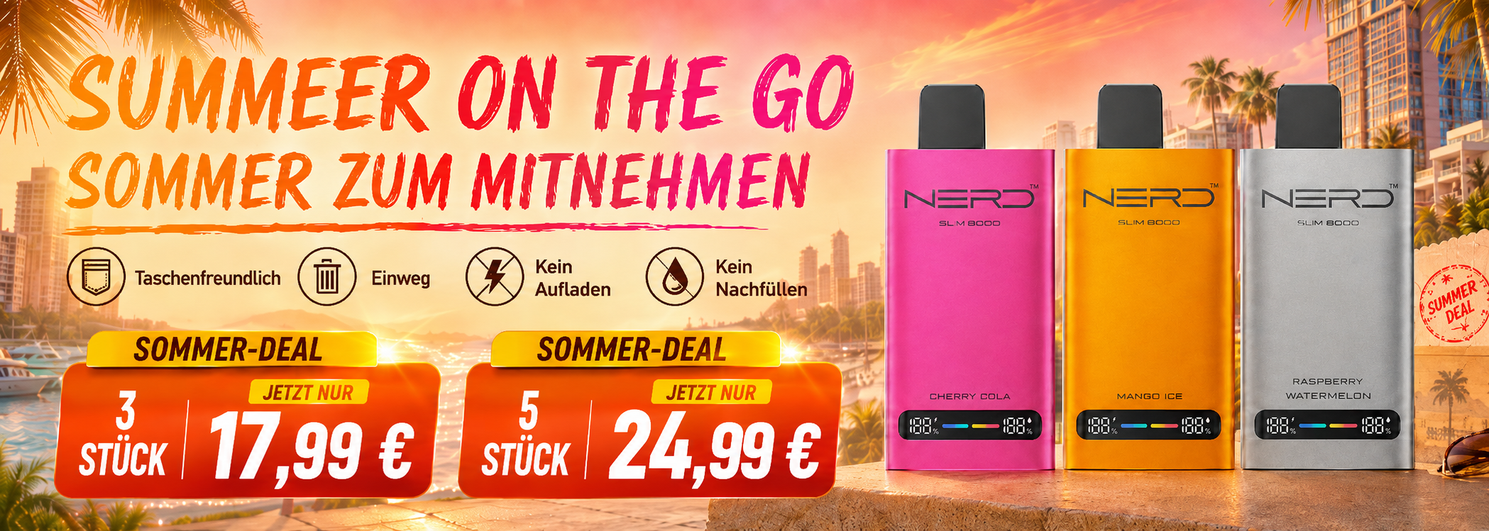 NERD Slim 8000 Einweg-E-Zigarette – 8000 Züge Vape-Angebot, 3 Stück für 17,99 €, 5 Stück für 24,99 € und Vape unter 5 €