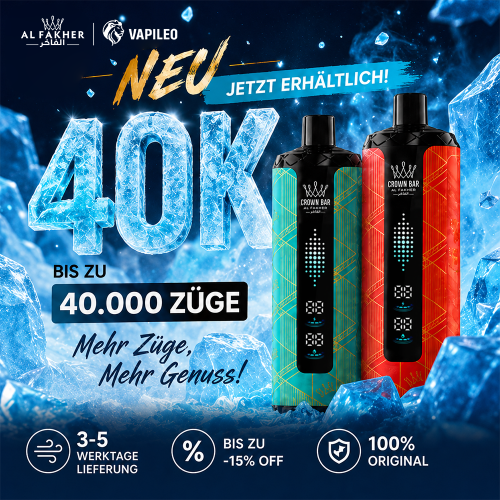Al Fakher Crown Bar 40K Mega Max mit bis zu 40.000 Zügen, EU-Lieferung und 100% Originalware Al Fakher Crown Bar 40K Mega Max mit bis zu 40.000 Zügen, EU-Lieferung und 100% Originalware