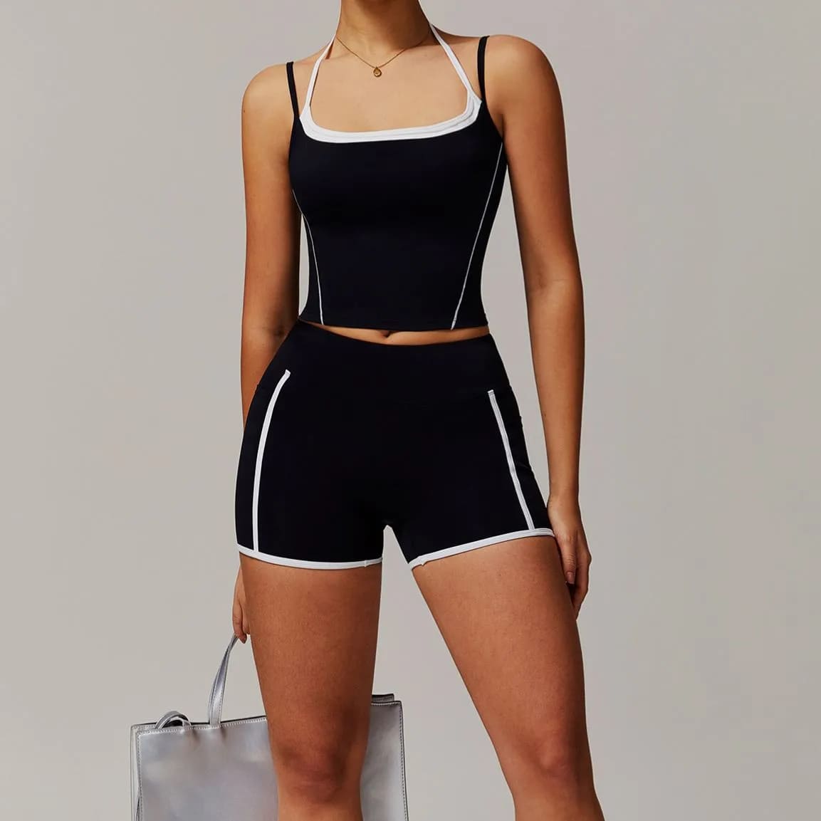 OmbreezyHalter Neck Yoga Tank with Layered Look Back