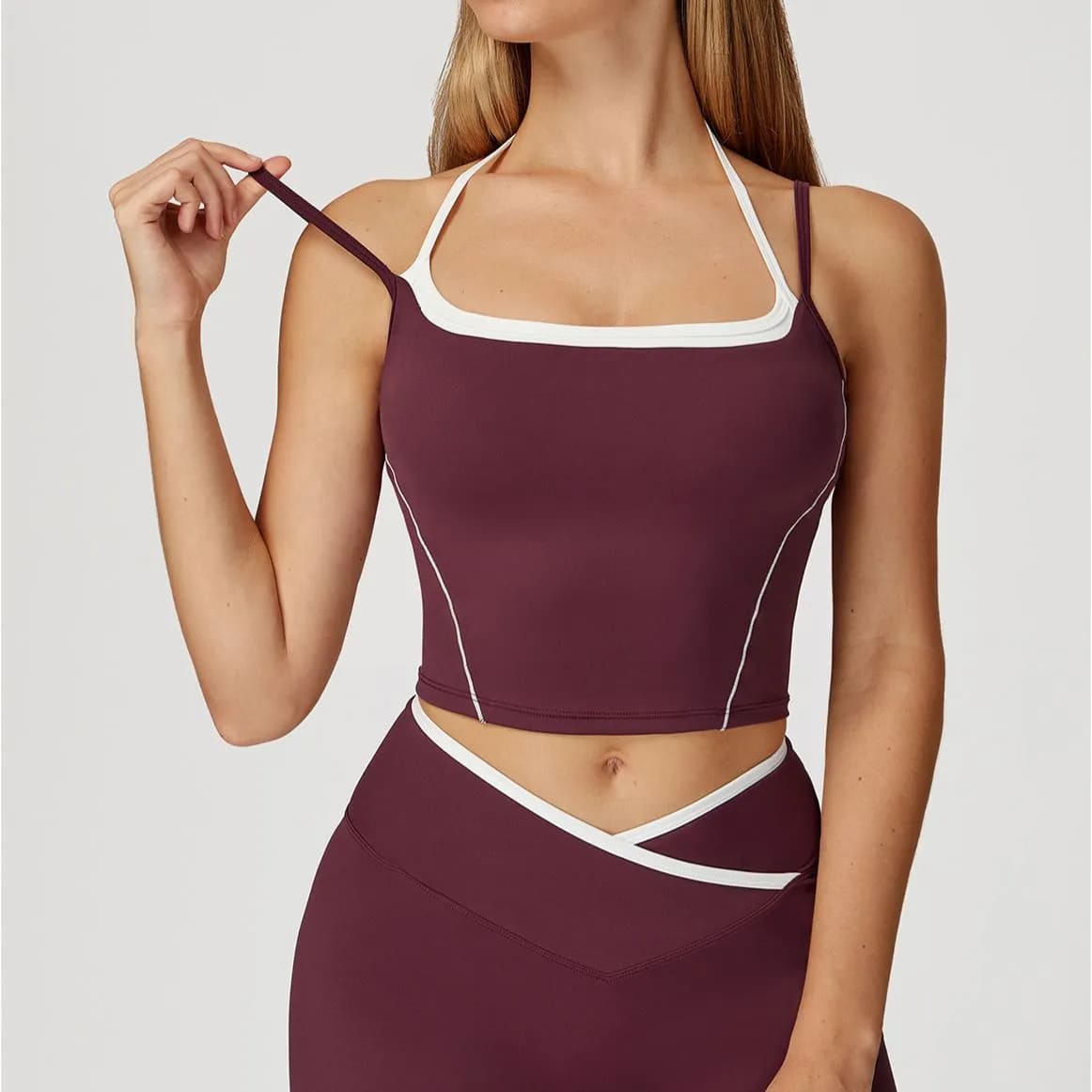 OmbreezyHalter Neck Yoga Tank with Layered Look Back