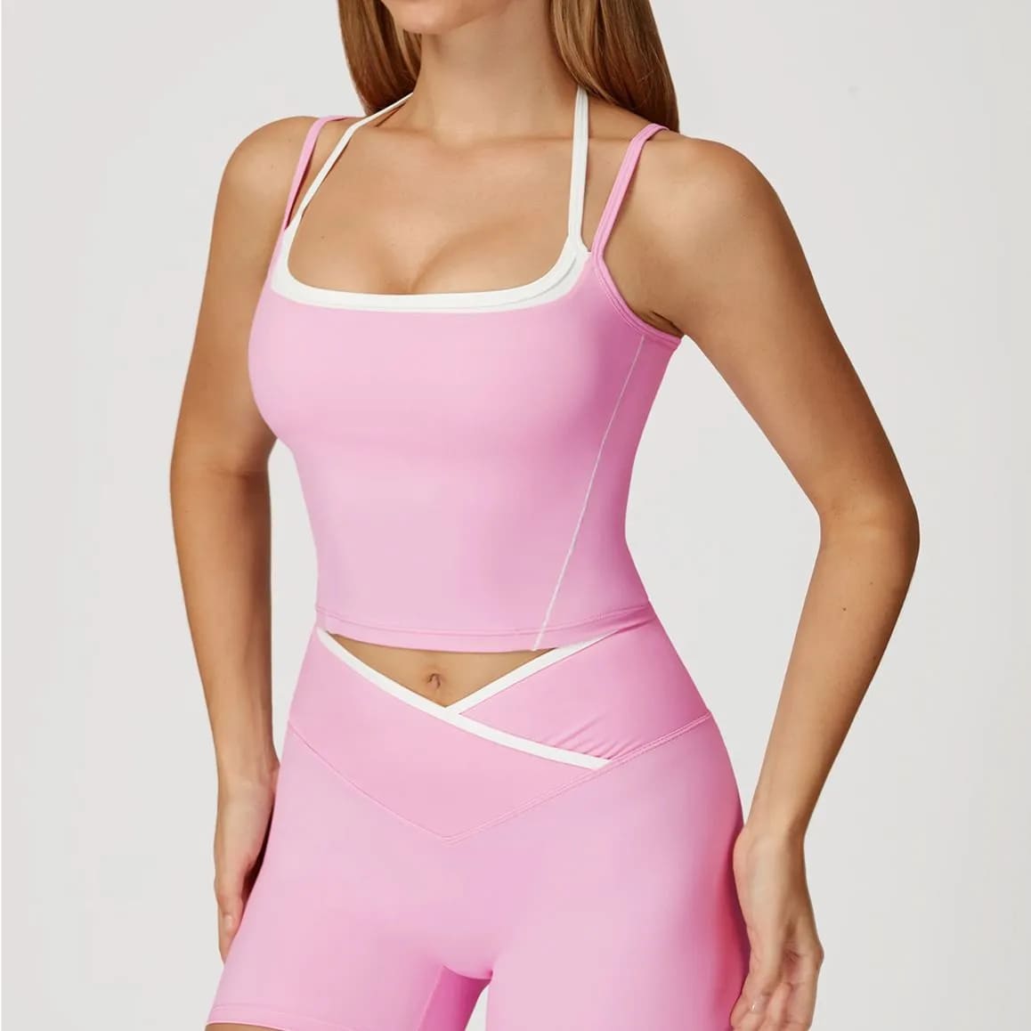 OmbreezyHalter Neck Yoga Tank with Layered Look Back